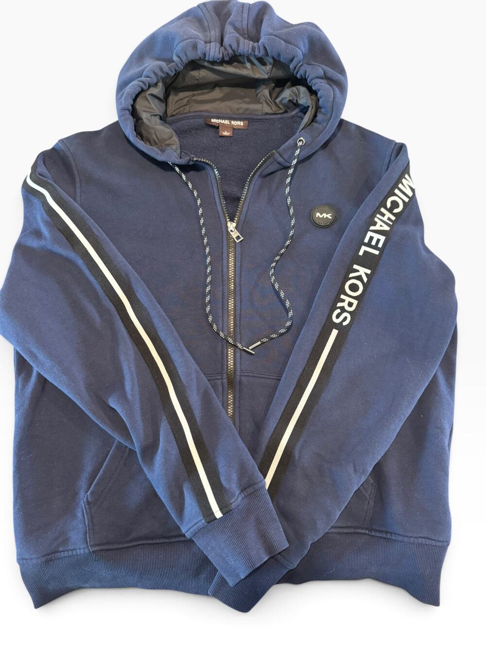 Michael Kors Men’s Large Navy Blue Full Zip Hoodie Logo Sleeve MK Sweatshirt